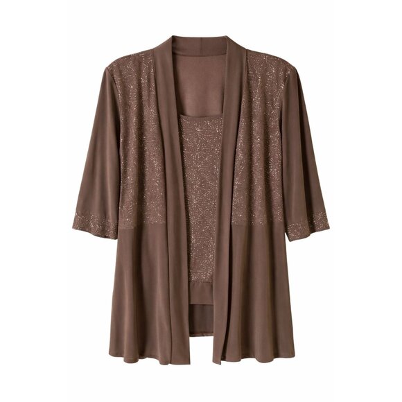 R&M Richards Pants - R&M Richards Size 14W Womens 3/4 Sleeve Brown Sparkle Pantsuit